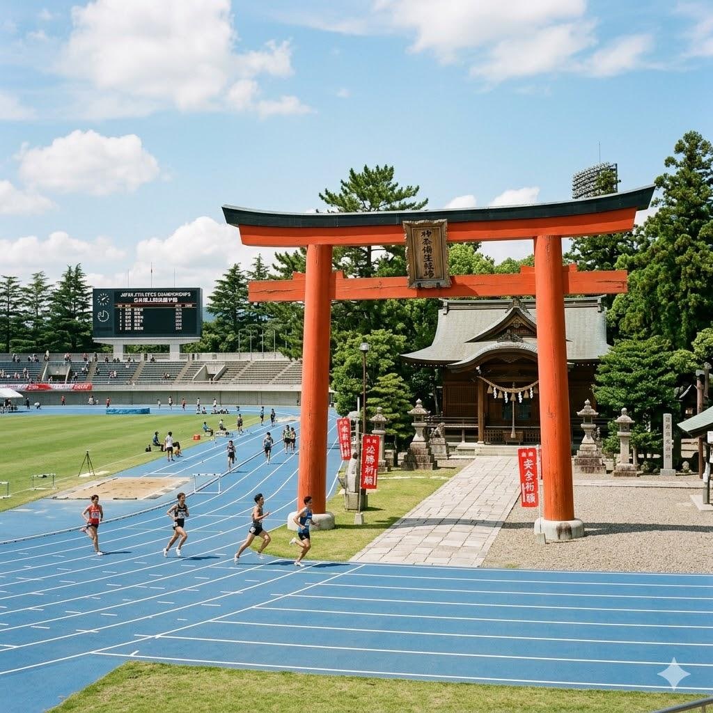 陸上競技場を兼ねた神社