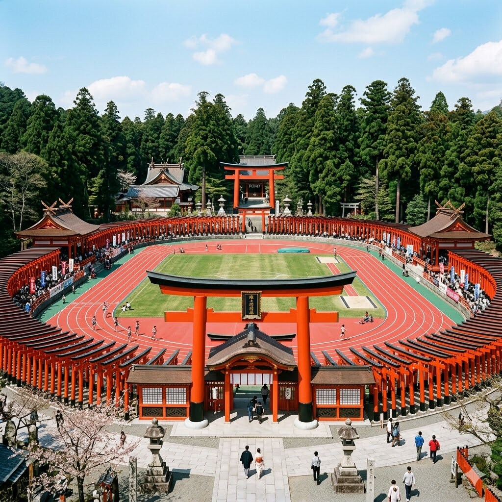 陸上競技場を兼ねた神社 | の人気AIイラスト・グラビア