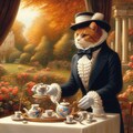 油絵、手袋をつけた猫執事、優雅にお茶会 2枚目