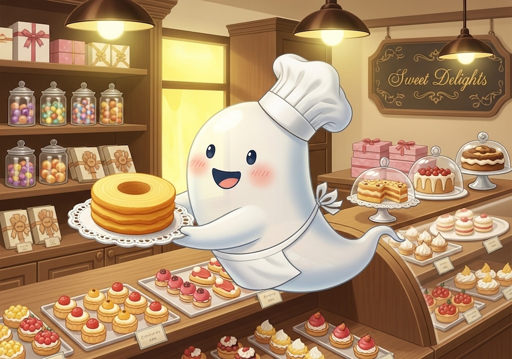 バウムクーヘンを用意するお化けパティシエ