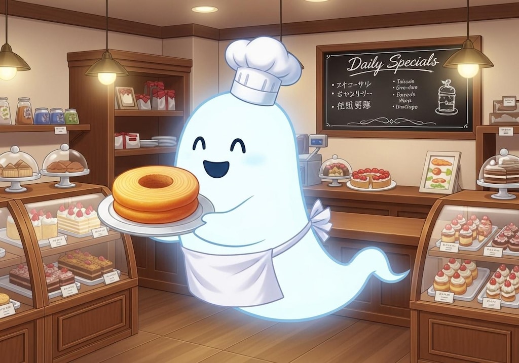 バウムクーヘンを用意するお化けパティシエ