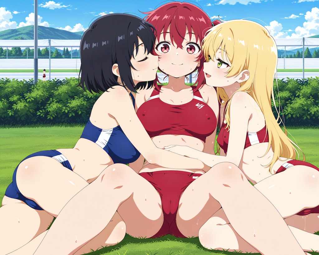 休憩中に3人でじゃれ合い