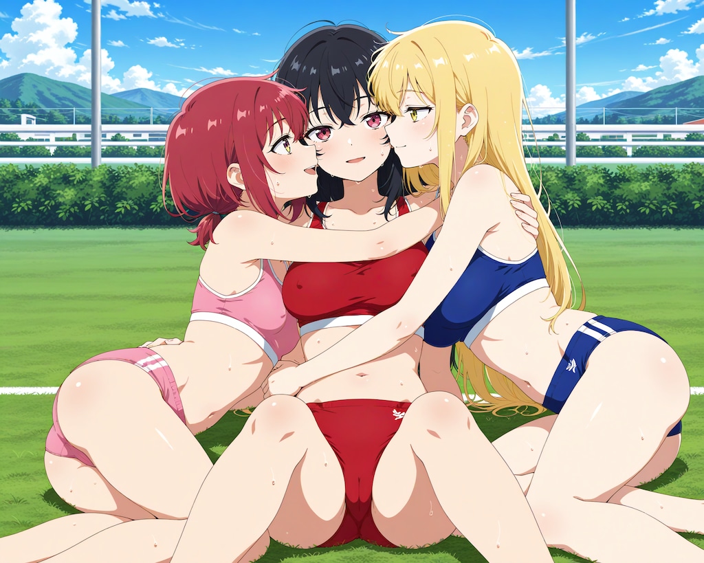 休憩中に3人でじゃれ合い