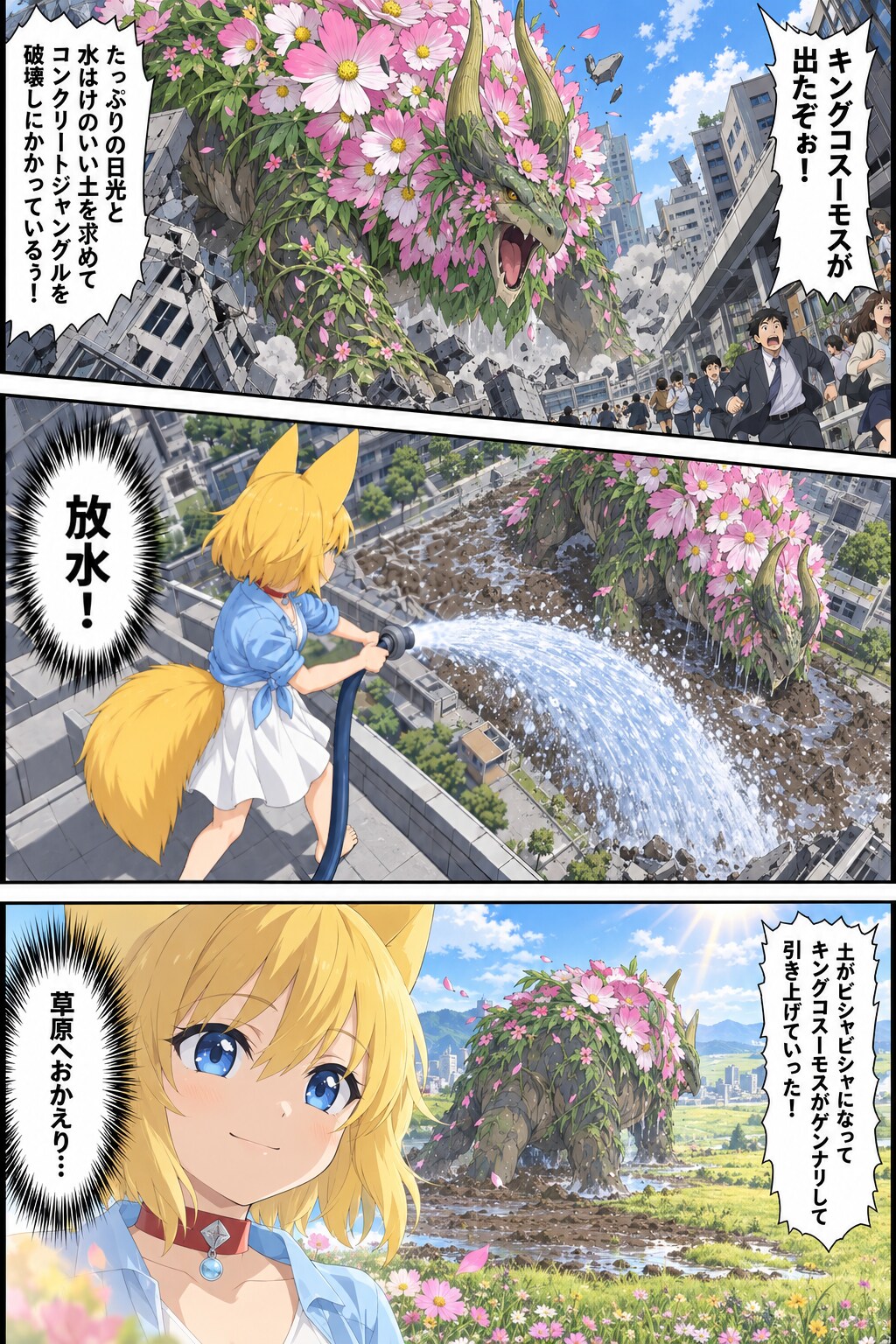 コスモスの怪獣を自然へ返すキツネ | の人気AIイラスト・グラビア