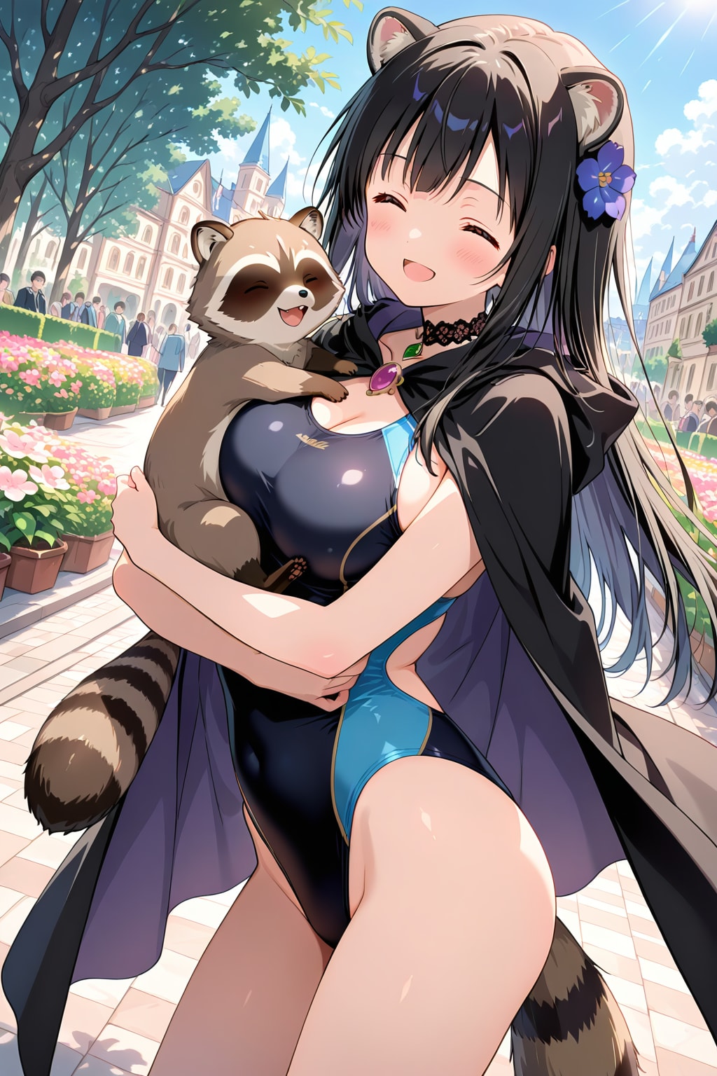競泳水着でお散歩黒姫様