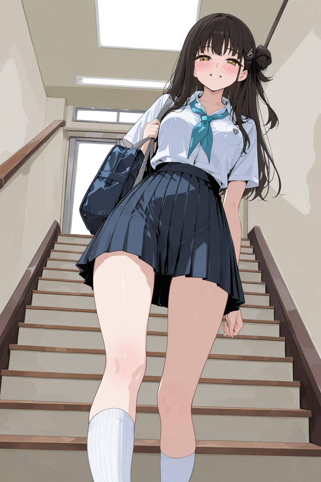 女子高生、階段、アオリアングル