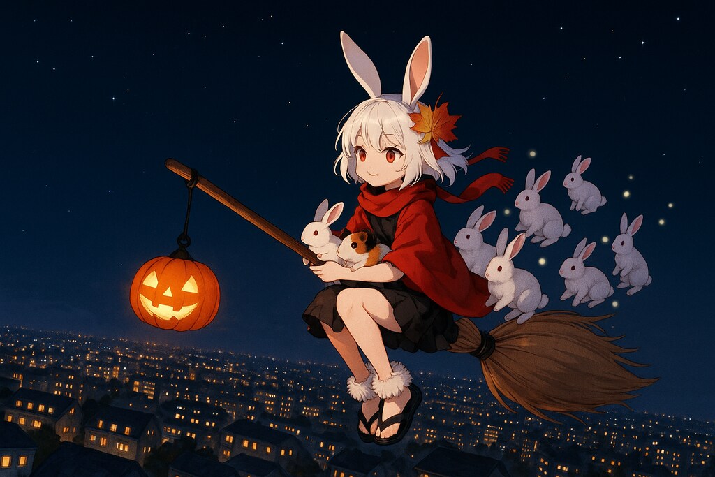 ウサギを引き連れて夜の散歩に出かける某魔女の出てくるアニメに影響を受けた秋のウサ耳系女子