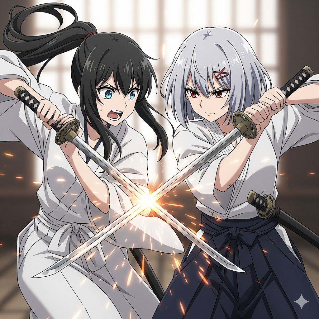 黒髪と銀髪(鍔迫り合い)