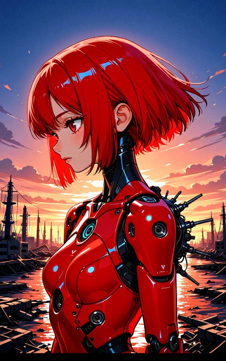 破壊された港湾基地と､　　　　　　　　　　　　　　　　唯一､生き残った真紅の機械娘🟥 | の人気AIイラスト・グラビア