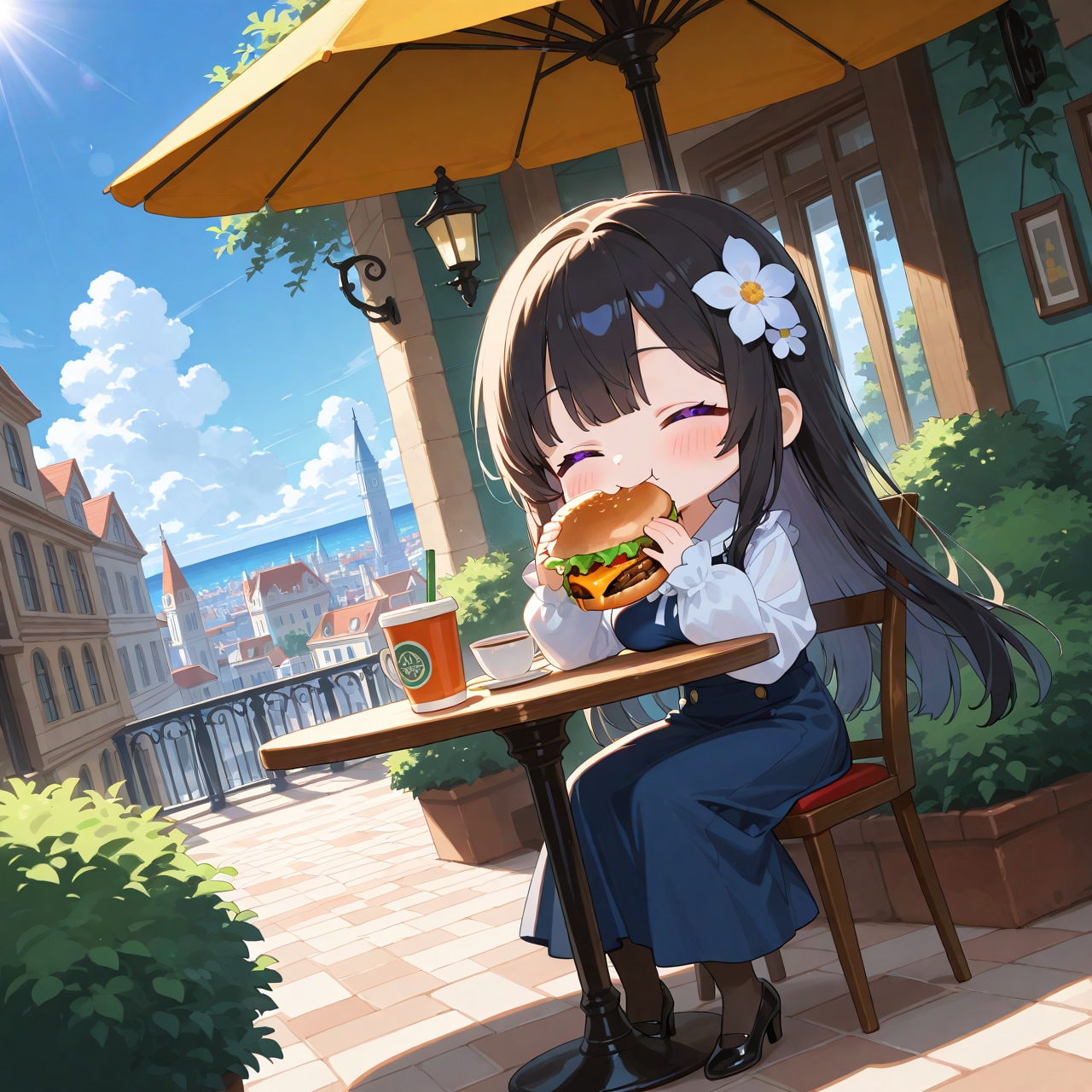海沿いの街でもぐもぐ🍔 | の人気AIイラスト・グラビア