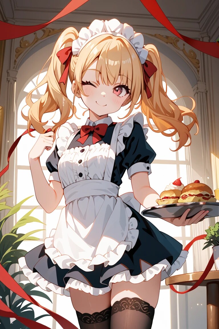 「ご主人様、莉奈がおもてなししちゃう♡」金髪ツインテメイド☕😉 | の人気AIイラスト・グラビア