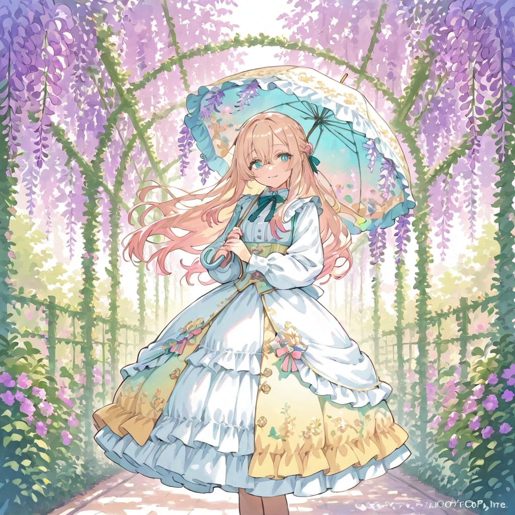 水彩画風「藤棚と少女」 | の人気AIイラスト・グラビア