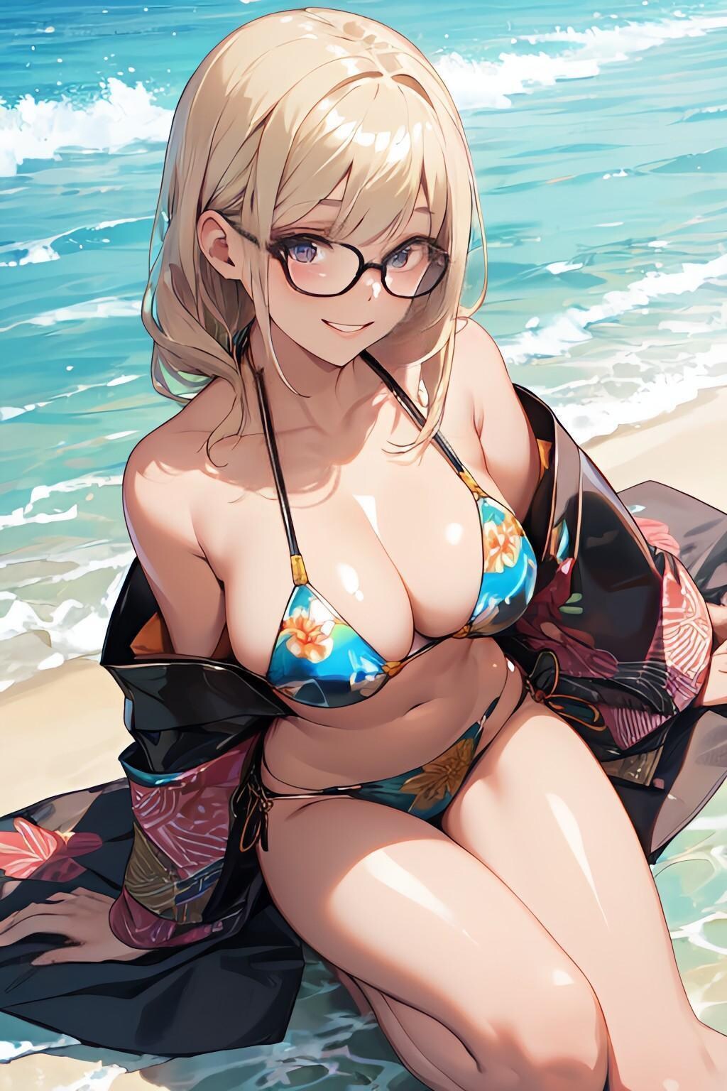 和柄ビキニのお姉さん👘👙
