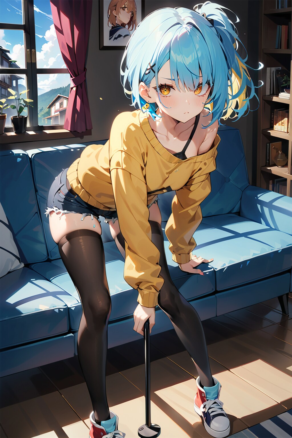 サイドテールの肩出しセーター