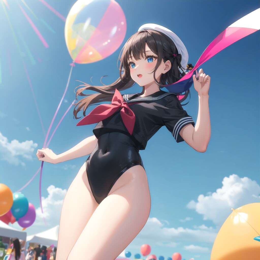文化祭でいっぱい風船を膨らませて遊ぶセーラー服の美少女