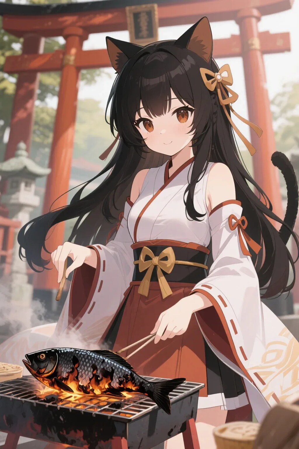 魚を焼くさくらちゃん