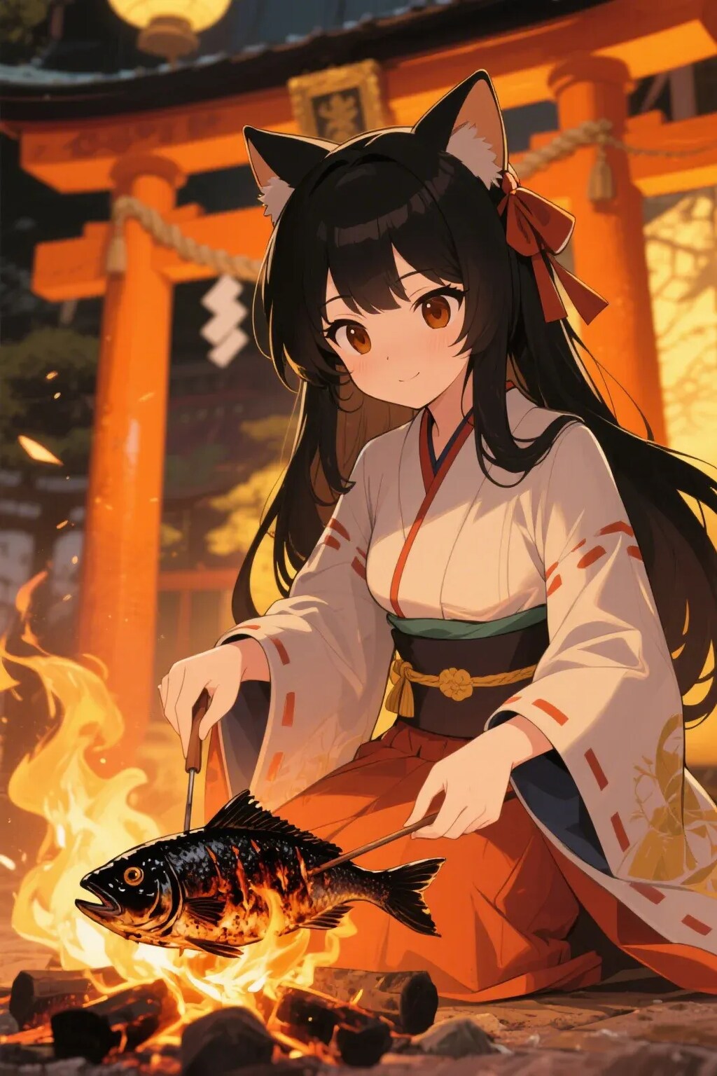 魚を焼くさくらちゃん