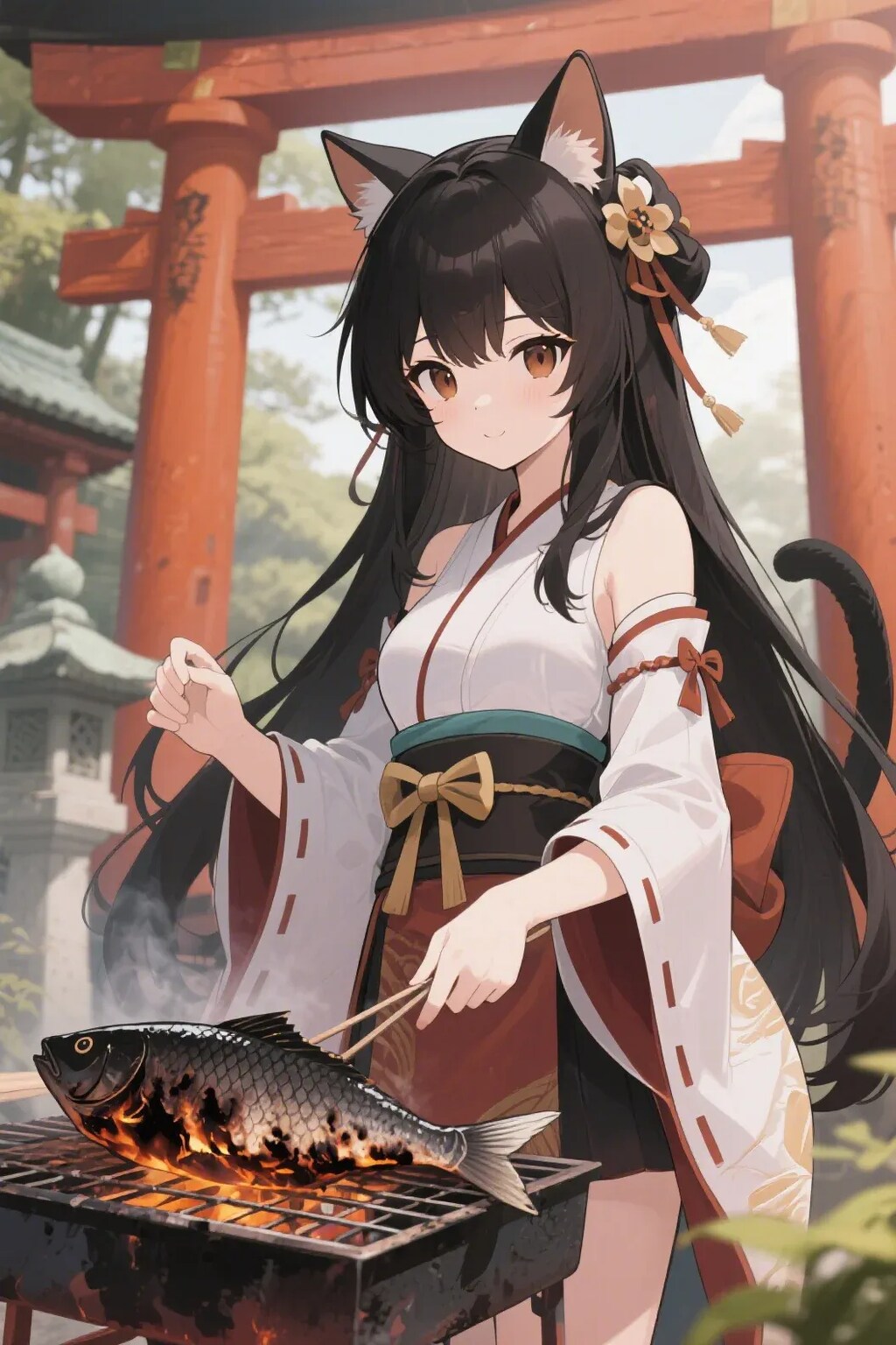 魚を焼くさくらちゃん