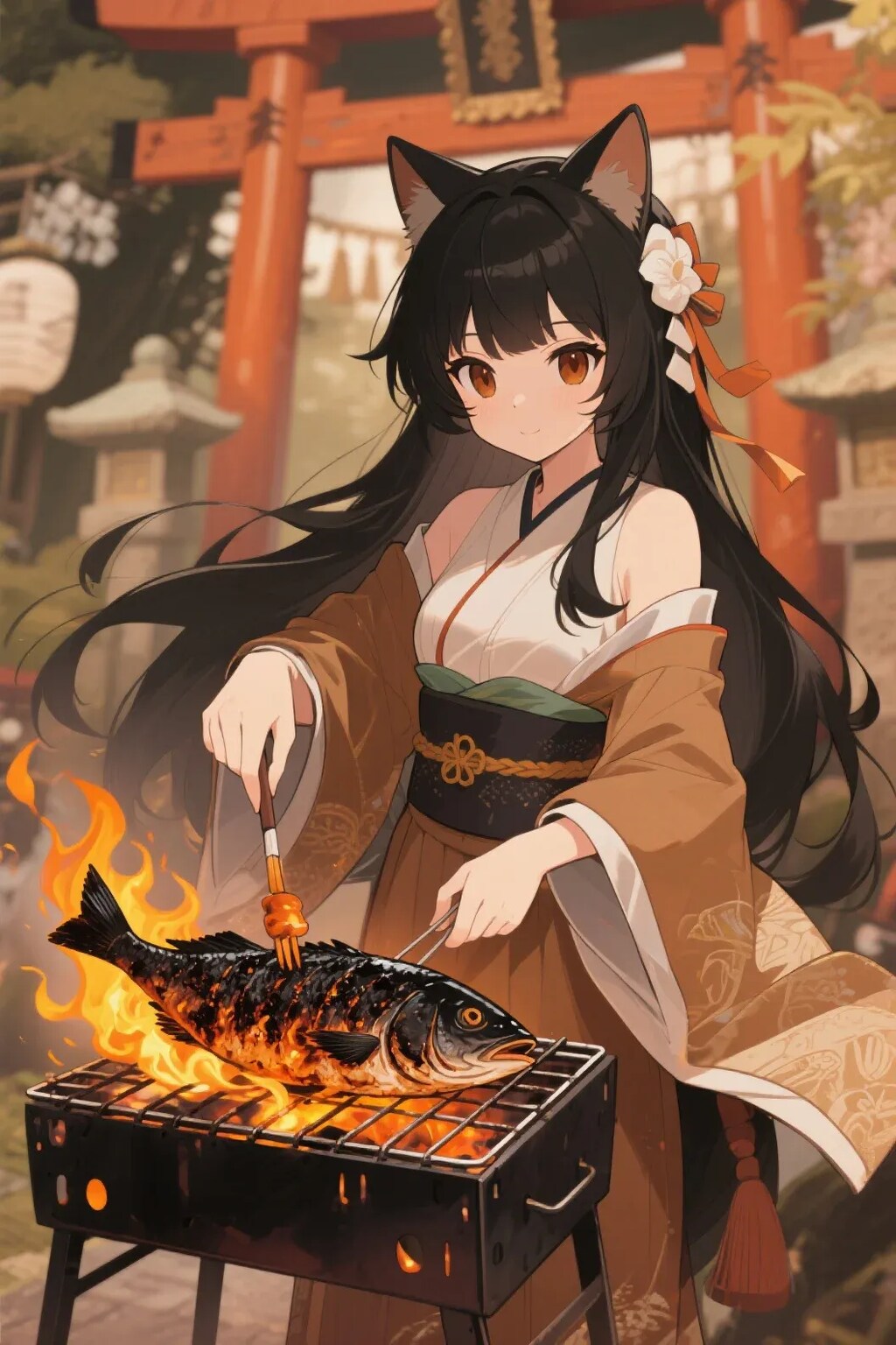 魚を焼くさくらちゃん