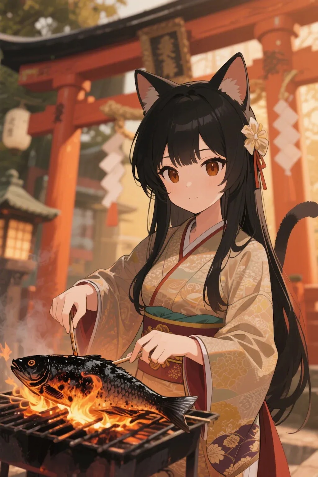 魚を焼くさくらちゃん