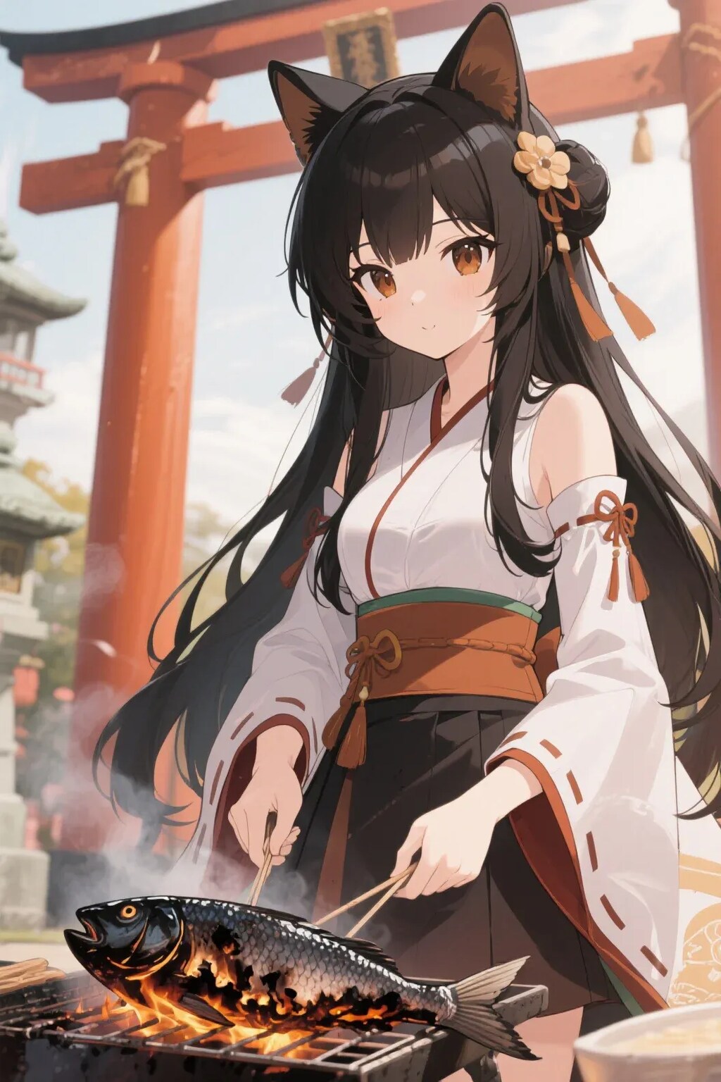 魚を焼くさくらちゃん