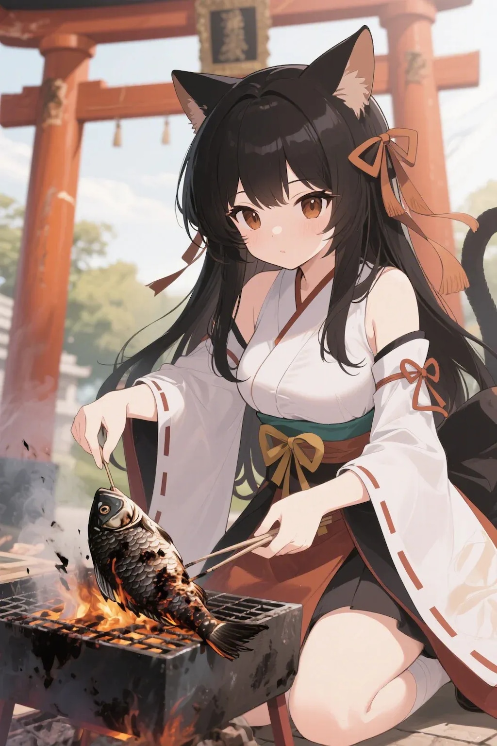 魚を焼くさくらちゃん