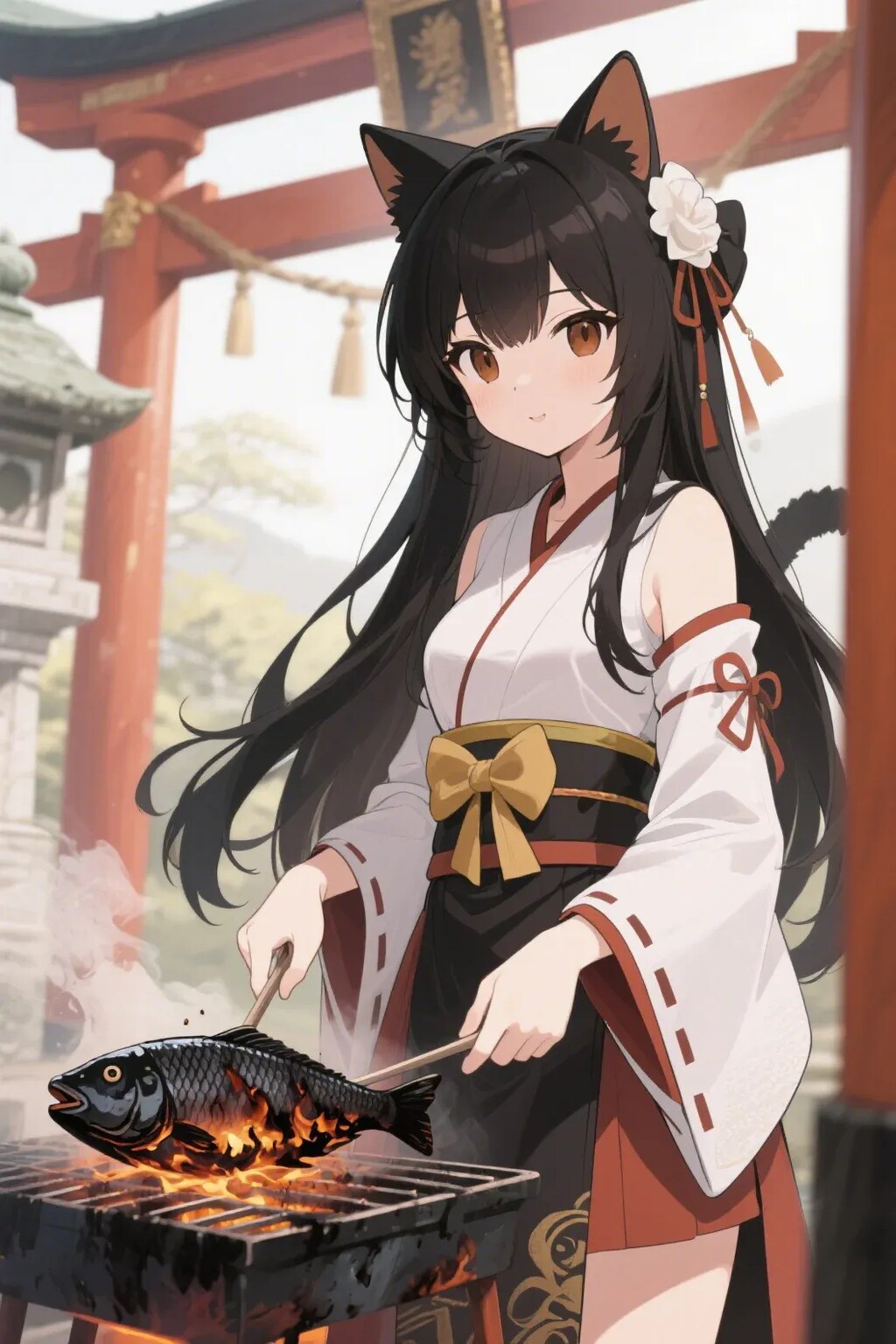 魚を焼くさくらちゃん