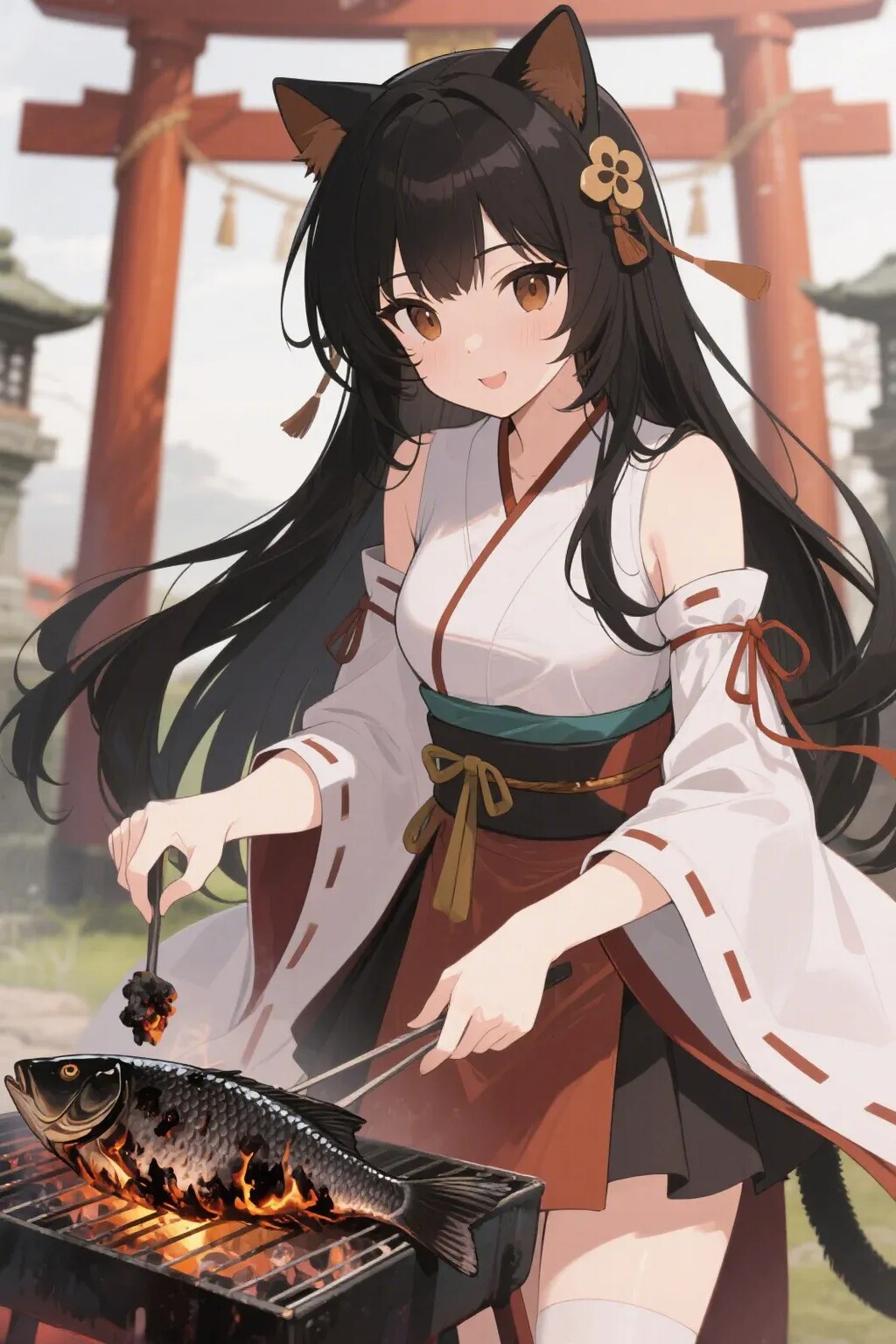 魚を焼くさくらちゃん