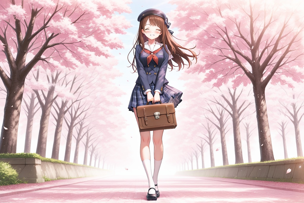 桜並木を歩く女の子