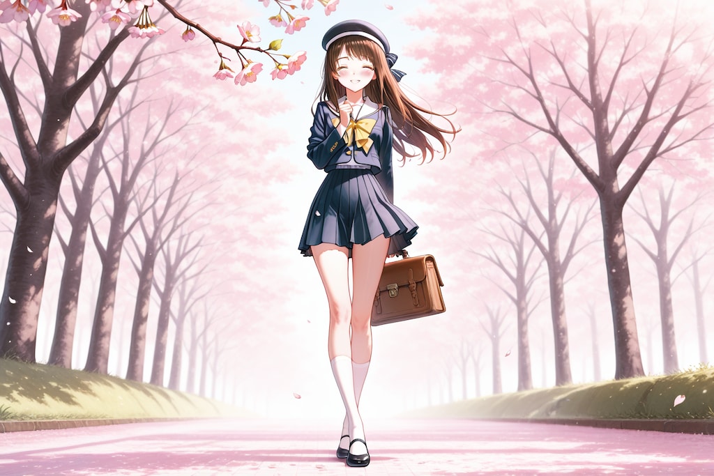 桜並木を歩く女の子