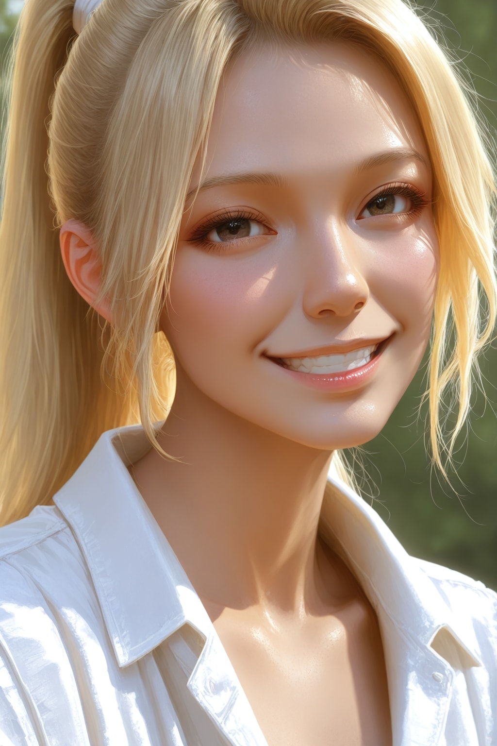 ブロンドをポニーテールにしたにこやかな美少女のフェイスアップ写真