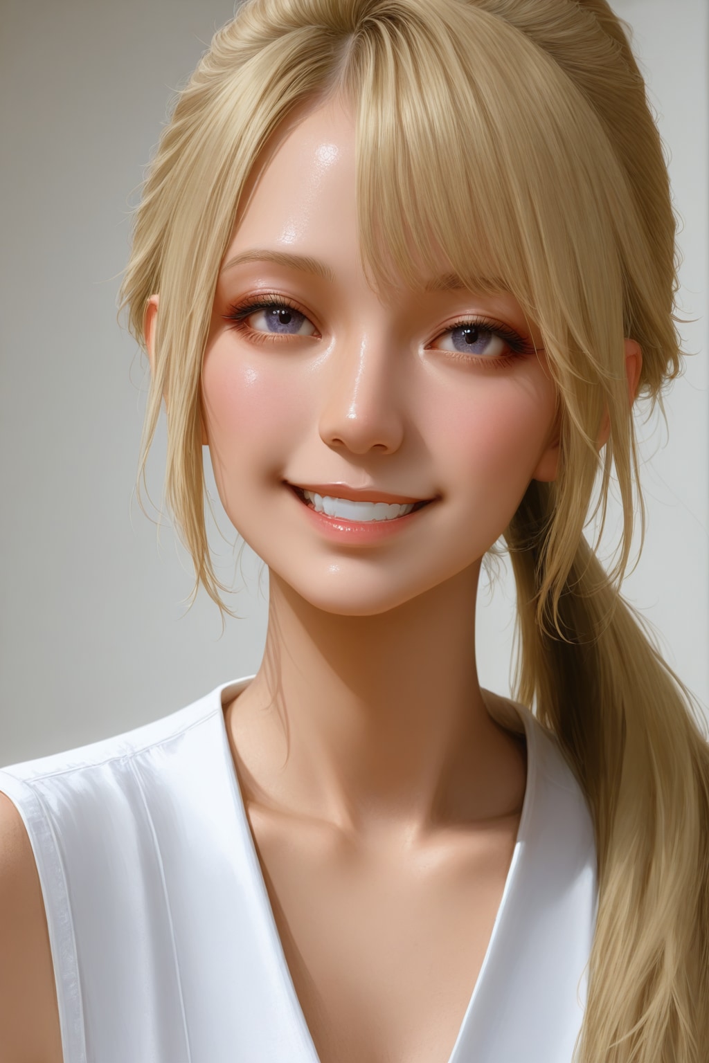 ブロンドをポニーテールにしたにこやかな美少女のフェイスアップ写真