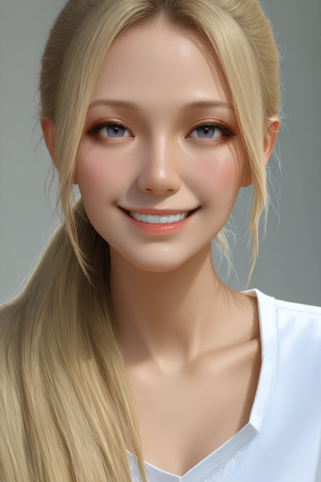 ブロンドをポニーテールにしたにこやかな美少女のフェイスアップ写真