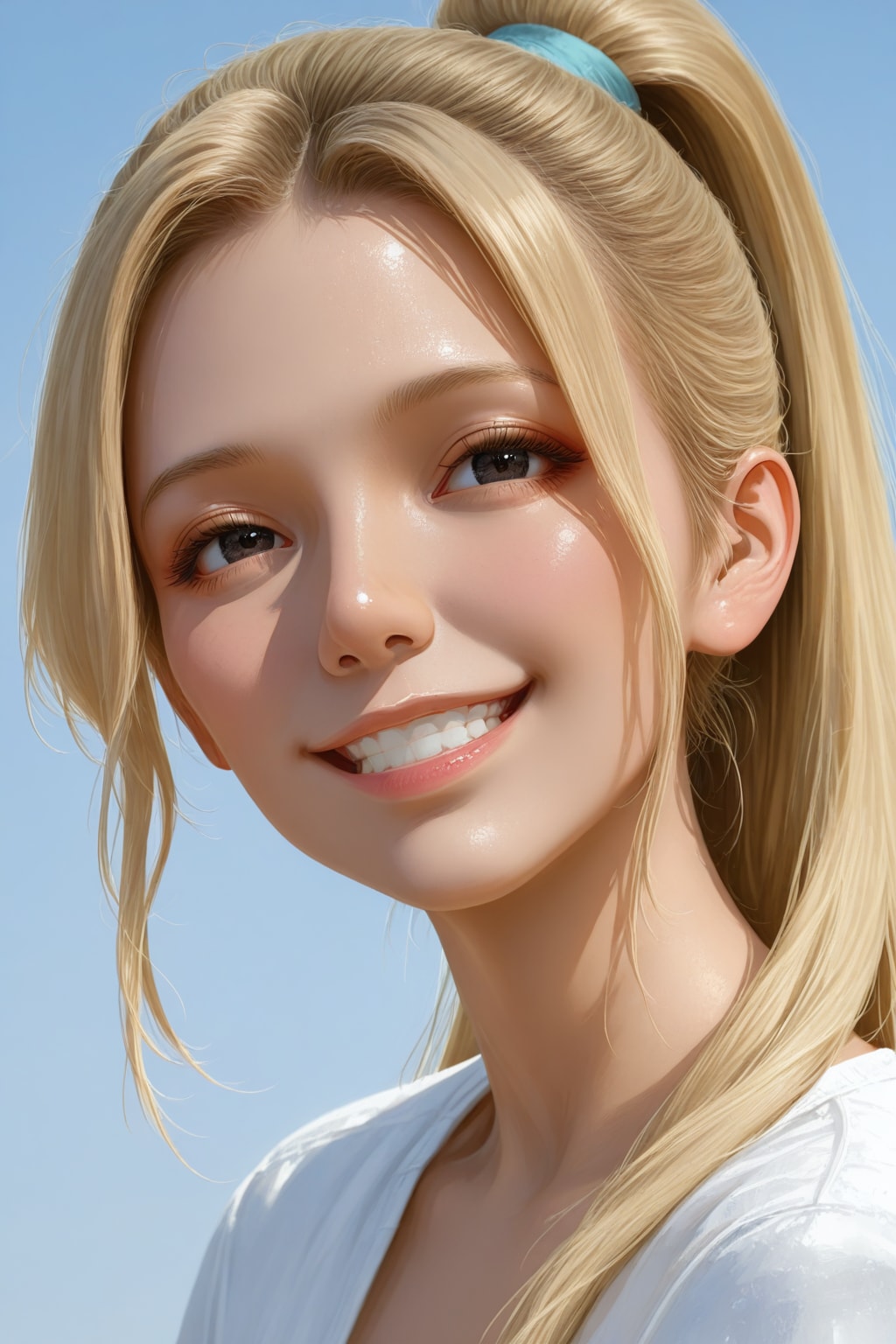 ブロンドをポニーテールにしたにこやかな美少女のフェイスアップ写真