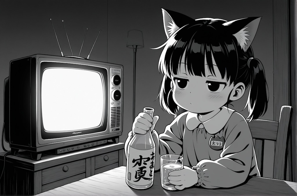 テレビを見ながら飲んだくれる猫子