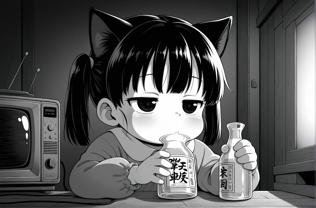 テレビを見ながら飲んだくれる猫子