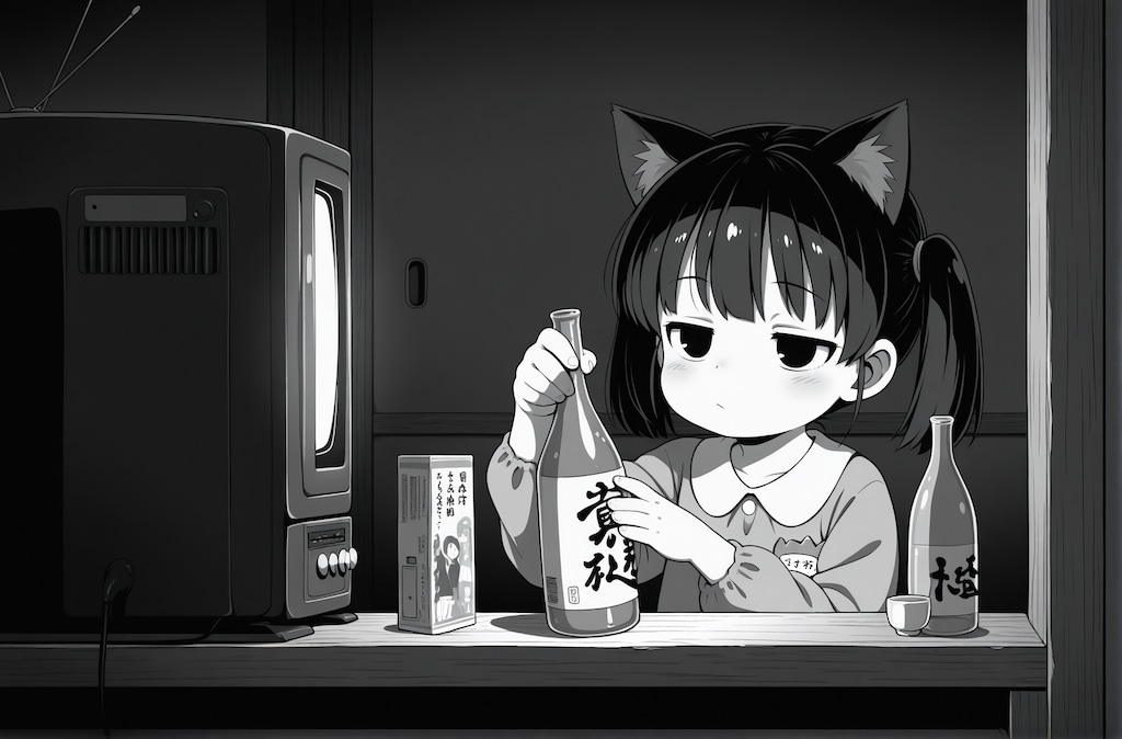 テレビを見ながら飲んだくれる猫子