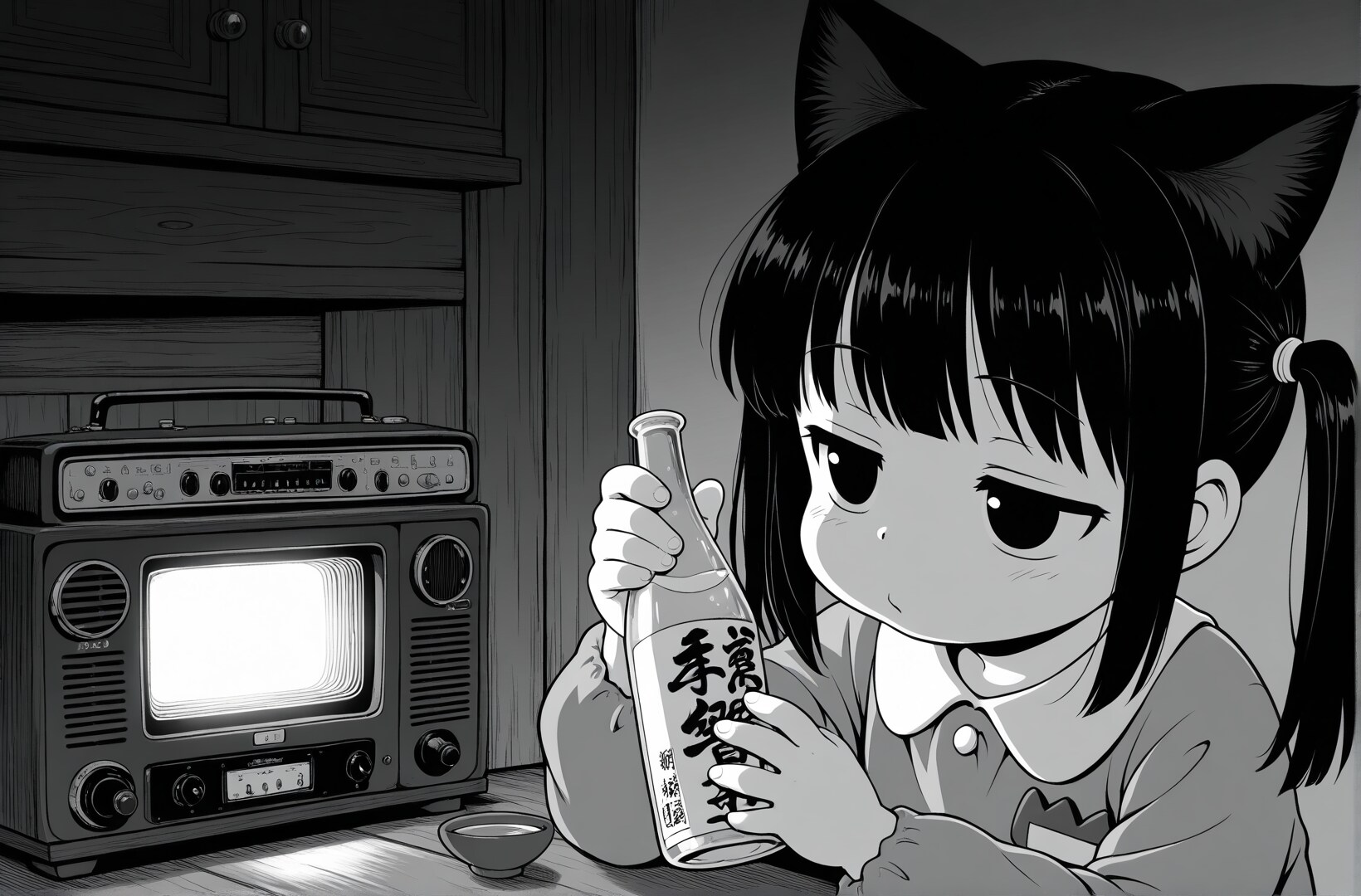 テレビを見ながら飲んだくれる猫子