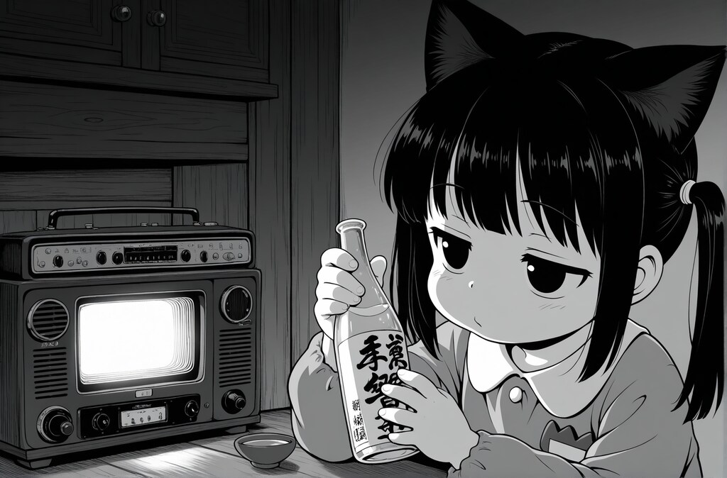 テレビを見ながら飲んだくれる猫子