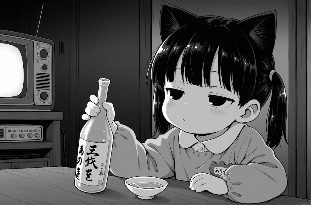 テレビを見ながら飲んだくれる猫子