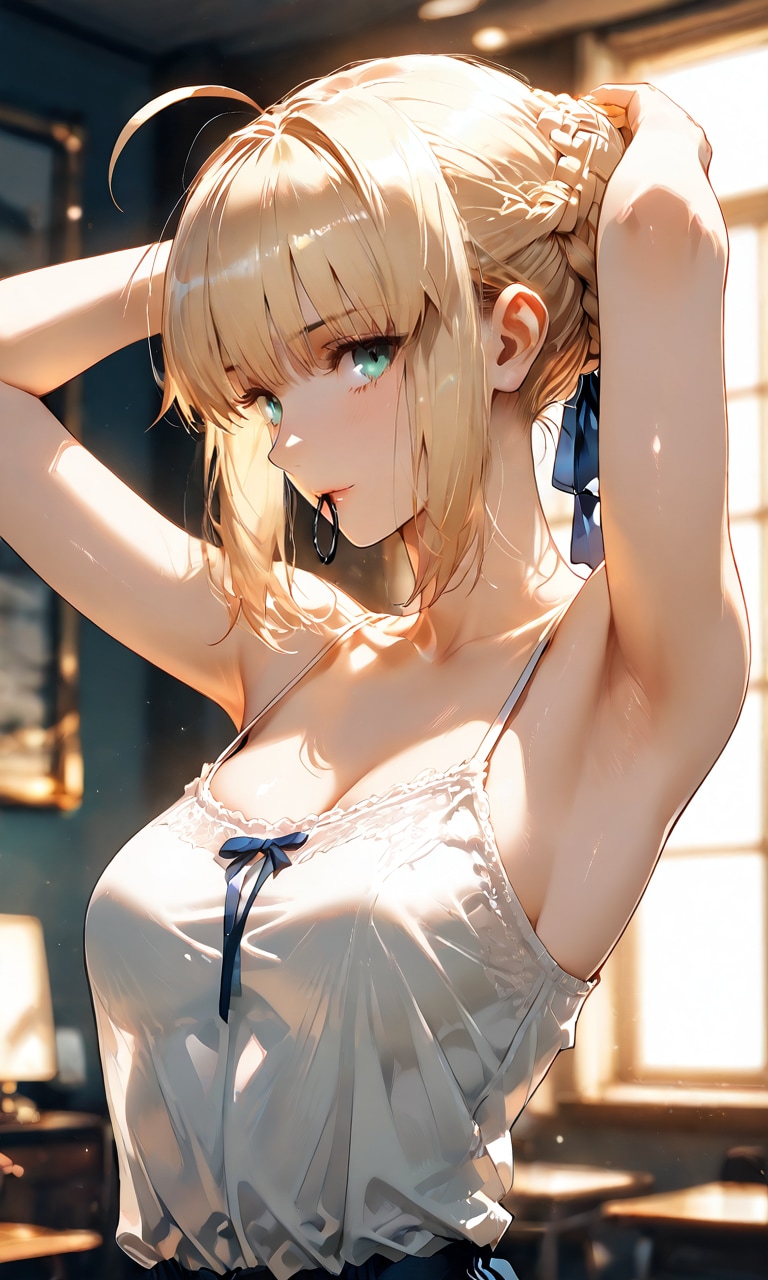 セイバー、リボンを咥えて髪を結う朝の素顔