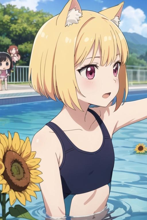 向日葵が浮かぶプールで水泳指導をする猫耳少女とその様子を見るちびキャラ