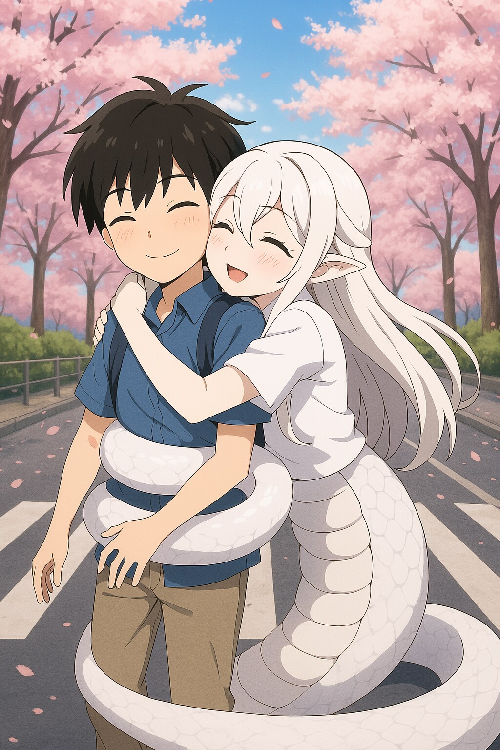 失敗絵・仲良しの男の子に巻き付くラミアちゃん