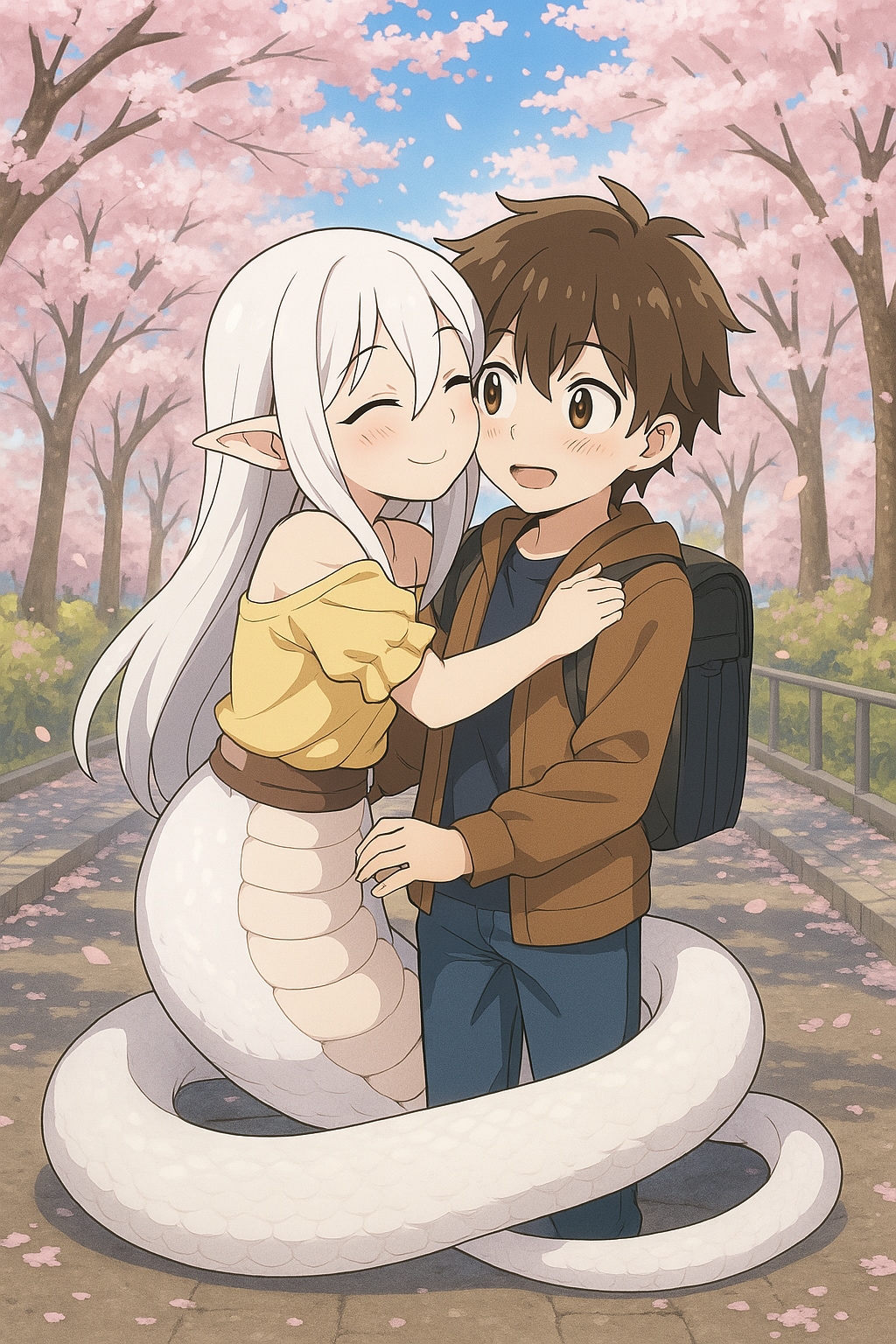 失敗絵・仲良しの男の子に巻き付くラミアちゃん