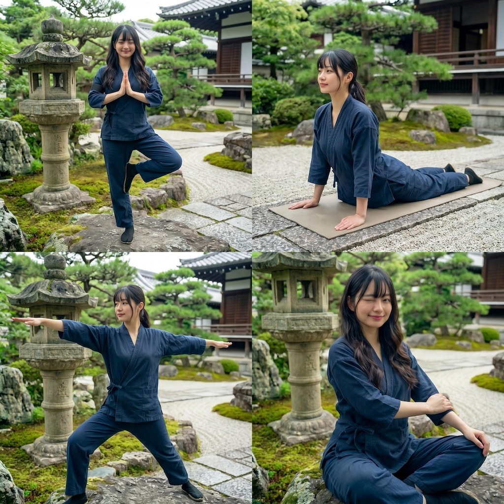 作務衣でヨガポーズ