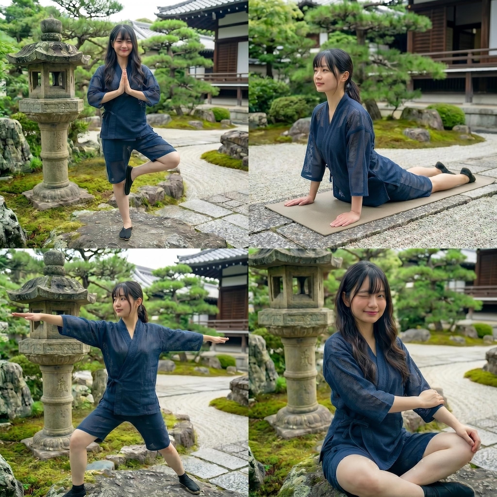 作務衣でヨガポーズ