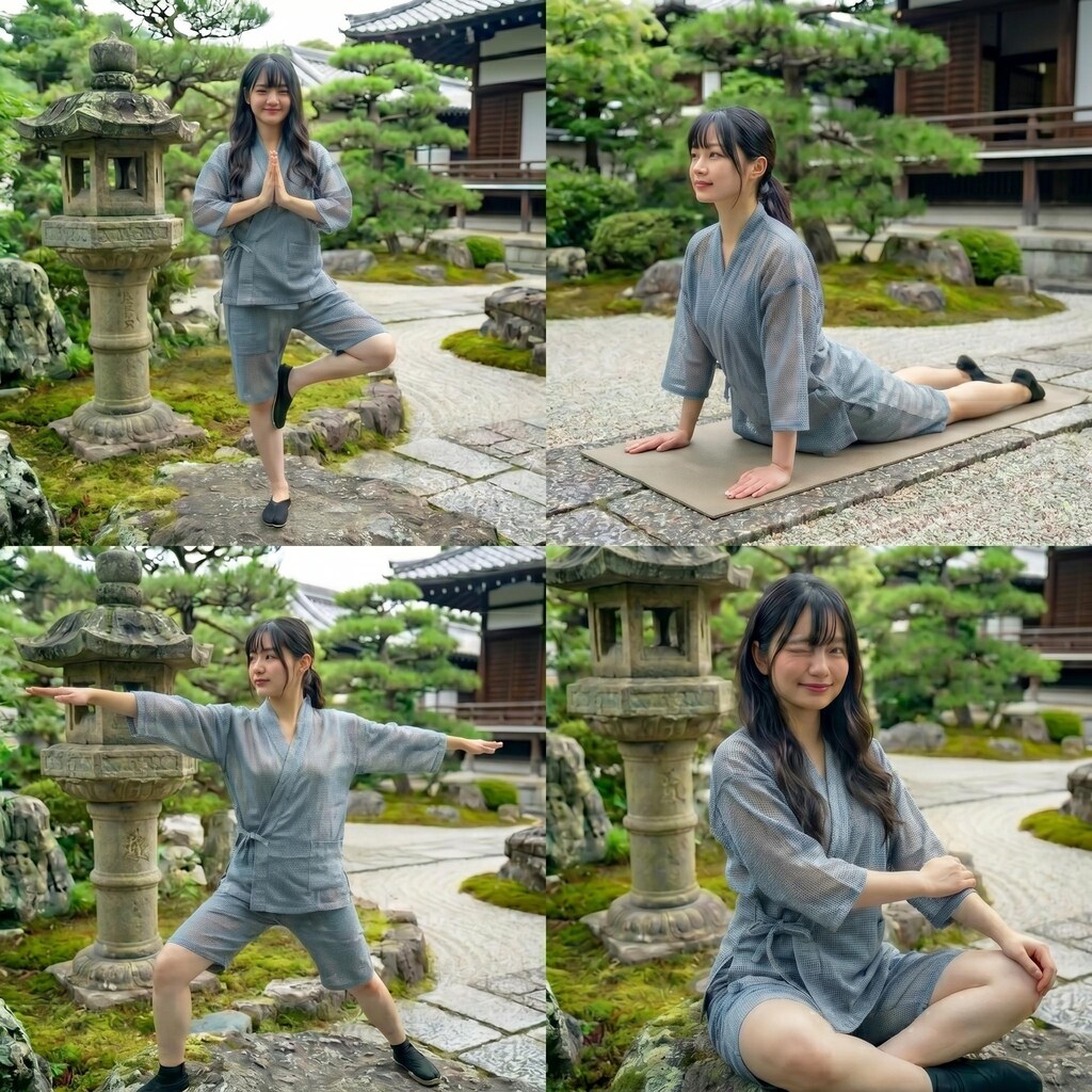 作務衣でヨガポーズ