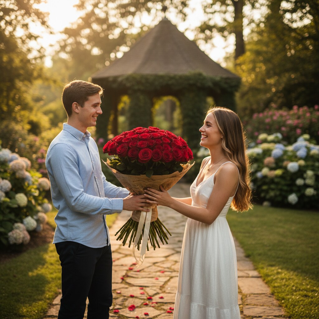彼女にバラの花束を贈る彼氏
