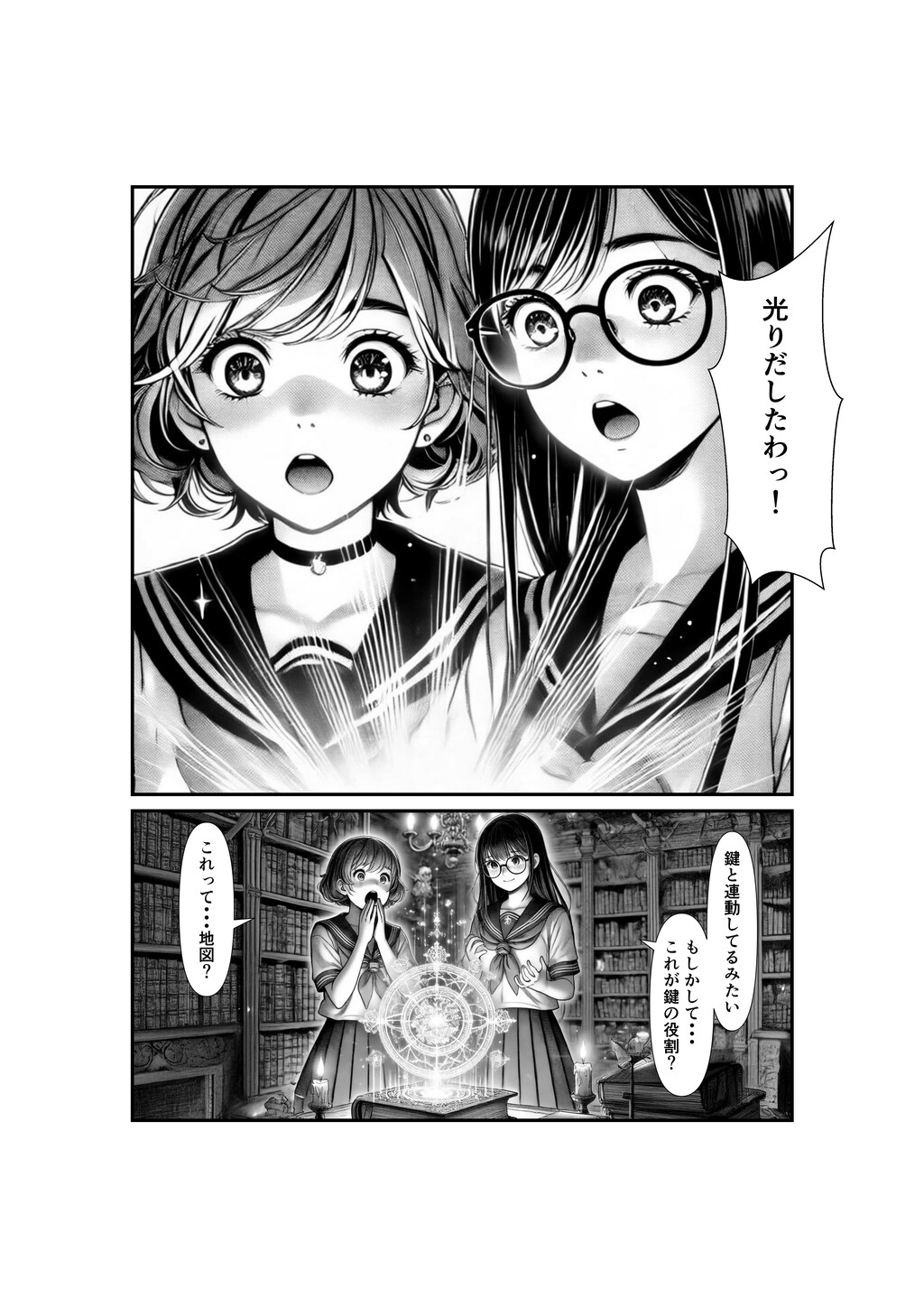 AI漫画『鍵と図書館の秘密.2』第2話「鍵と地図が示すもの」