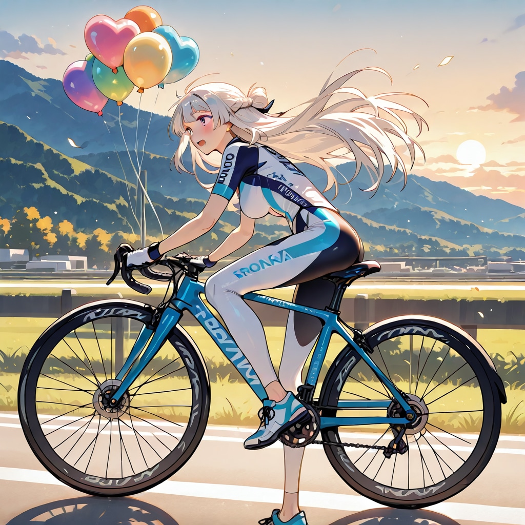 いっぱい色とりどりの風船を持つ白い髪ロングオッドアイのロードバイク乗っている美女 | の人気AIイラスト・グラビア